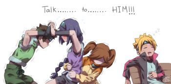 1boy 3girls ariamikukanzaki bench black_hair blonde_hair blush boruto:_naruto_next_generations braid braided_ponytail brown_hair commentary drooling english_text faceless faceless_female fingerless_gloves forehead_protector gloves green_shorts hairband highres interlocked_fingers izuno_wasabi jacket jewelry kakei_sumire multiple_girls naruto_(series) necklace orange_jacket purple_hairband shaded_face short_hair short_shorts short_sleeves shorts signature single_braid sitting sleeping struggling suzumeno_namida trembling twintails uzumaki_boruto zzz