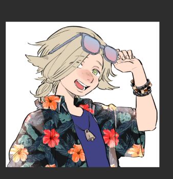 1boy adjusting_eyewear animal_ears ano_amesuke bell black_border blonde_hair border bracelet commentary_request eyewear_on_head floral_print goat_ears green_eyes hair_over_one_eye hawaiian_shirt jewelry male_focus necklace original reaper_(overwatch) shirt solo sunglasses