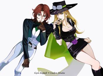 2girls absurdres blonde_hair breasts cape character_name commentary english_commentary genderswap genderswap_(mtf) green_eyes green_lips green_nails gundam gundam_00 gyro_zeppeli hat highres jojo_no_kimyou_na_bouken lockon_stratos long_hair multiple_girls reichio simple_background steel_ball_run white_background