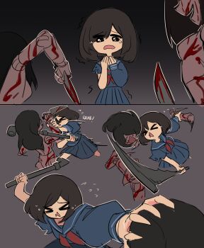 &gt;_&lt; 1girl 2others absurdres black_eyes blood blue_sailor_collar blue_serafuku blue_shirt blue_skirt brown_hair centurii-chan closed_eyes commentary crying decapitation english_commentary fighting highres kitchen_knife knife lead_pipe multiple_others neckerchief no_sclera pleated_skirt red_neckerchief sailor_collar school_uniform serafuku severed_arm severed_limb shimizu_hinako shirt silent_hill_(series) silent_hill_f skirt tears torn_sleeve trembling