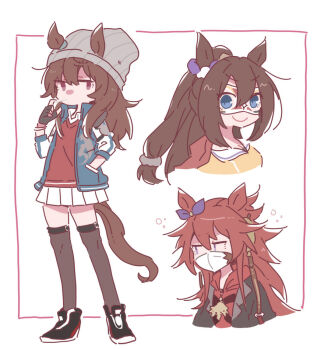 3girls animal_ears beanie beer_hsk black_gloves black_jacket black_shoes blue_eyes blue_jacket blue_ribbon bow brown_hair brown_thighhighs closed_mouth commentary_request ear_ribbon ears_through_headwear el_condor_pasa_(el_numero_1)_(umamusume) el_condor_pasa_(umamusume) eye_mask fingerless_gloves gloves grey_hat hair_between_eyes hand_in_pocket hat hood hood_down hoodie horse_ears horse_girl horse_tail jacket long_sleeves mask multiple_girls nakayama_festa_(umamusume) orfevre_(old_design)_(umamusume) pleated_skirt ponytail puffy_long_sleeves puffy_sleeves purple_eyes red_hoodie red_jacket ribbed_hat ribbon shirt shoes skirt smile tail thighhighs umamusume v-shaped_eyebrows white_background white_skirt yellow_shirt