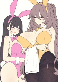 2girls absurdres animal_ears arm_under_breasts black_pantyhose blunt_bangs blush bow bowtie breast_press breasts brown_eyes brown_hair closed_mouth commentary_request detached_collar fake_animal_ears fishnet_pantyhose fishnets hair_between_eyes hair_ornament height_difference highres large_breasts leotard long_hair looking_at_viewer medium_breasts mole mole_on_breast multiple_girls open_mouth orange_bow orange_bowtie orange_leotard original pantyhose pink_bow pink_bowtie pink_leotard playboy_bunny rabbit_ears rabbit_tail sasakura_momiji sidelocks simple_background sketch smile standing tail towel white_background wrist_cuffs
