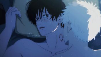 2boys absurdres akiatelier bite_mark black_hair bleeding blood blush boy_on_top highres hikaru_ga_shinda_natsu indou_hikaru looking_at_another lying male_focus mole mole_on_cheek mole_under_mouth multiple_boys multiple_moles nose_blush nude on_back on_bed open_mouth pillow short_hair sweat tsujinaka_yoshiki upper_body white_hair yaoi