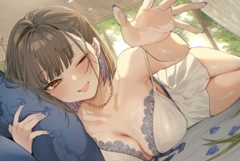 1girl ;d absurdres bare_arms blue_nails blunt_bangs blush bra breasts brown_eyes brown_hair cleavage collarbone danimaru day earrings highres indoors jewelry large_breasts lingerie medium_hair necklace one_eye_closed open_mouth original outstretched_hand pillow ring sidelocks skirt smile solo underwear variant_set wedding_ring white_bra white_skirt window