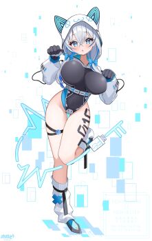 1girl absurdres animal_ear_hood animal_ears barcode belt black_belt black_leotard blue_bow blue_eyes blue_hair bow breasts cat_ears cat_tail covered_navel elegant_(sumisumi4268) fake_animal_ears full_body hair_bow highres hood large_breasts leg_tattoo leotard long_sleeves looking_at_viewer loose_socks number_tattoo original paw_pose puffy_long_sleeves puffy_sleeves shrug_(clothing) skin_tight socks solo standing standing_on_one_leg tail tattoo thick_thighs thigh_gap thigh_strap thighs usb_cable white_background white_hair white_socks wire