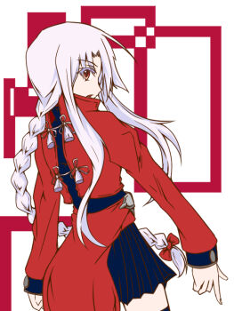 Rule 34 | 1girl, archerko (himura kiseki), braid, coat, fate (series), long hair, long sleeves, looking at viewer, looking back, mishiro hifumi, open mouth, red coat, red eyes, shapes, simple background, single braid, skirt, solo, thighhighs, undershirt, very long hair, white hair, zettai ryouiki