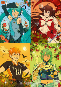 2boys 2girls alice_(pandora_hearts) aqua_hair aqua_necktie arm_tattoo asymmetrical_gloves baizhu_(genshin_impact) bird black_arm_warmers black_shirt black_shorts blue_eyes blue_shirt blue_sky bow bridal_gauntlets brown_eyes brown_hair capelet changsheng_(genshin_impact) chinese_clothes collage collared_shirt contrast_collar crop_top crow elbow_gloves feathers flower flower_request genshin_impact glasses gloves green_hair green_sky grey_shirt haikyuu!! hatsune_miku hinata_shouyou holding holding_behind_back holding_weapon_behind_back karasuno_volleyball_uniform lace lace-trimmed_shirt lace_trim long_hair medium_hair mismatched_gloves multiple_boys multiple_girls navel necktie number_tattoo one_eye_closed open_mouth orange_hair orange_sky pandora_hearts pleated_skirt red_shirt scythe shirt short_hair shorts skirt sky smile snake sparkle sportswear sygneinl tattoo twintails v very_long_hair vocaloid volleyball_uniform white_bow white_capelet white_gloves yellow_eyes yellow_sky