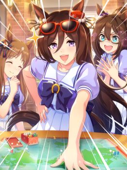 3girls ^_^ absurdres animal_ears artist_request back_bow bare_arms black_mask blue_bow blue_bowtie blue_shirt bow bowtie box breasts brooch brown_hair clapping closed_eyes collarbone dot_nose ear_ornament el_condor_pasa_(umamusume) emphasis_lines excited eyelashes eyewear_on_head game_cg grass_wonder_(umamusume) hair_between_eyes hair_bobbles hair_bow hair_ornament hand_on_own_chin hand_on_own_hip hand_on_table happy high-waist_skirt high_ponytail highres horse_ears horse_girl horseshoe_ornament indoors jewelry lamp large_breasts light_blush lipstick long_hair makeup map mole mole_under_eye multicolored_hair multiple_girls notice_lines official_art open_mouth own_hands_together pink_lips pleated_skirt ponytail puffy_short_sleeves puffy_sleeves purple_eyes red-framed_eyewear sailor_collar school_uniform seeking_the_pearl_(umamusume) shield_hair_ornament shirt short_sleeves sidelocks skirt smile solo_focus sparkle sparkling_eyes streaked_hair striped_bow sunglasses teeth tracen_school_uniform tsurime two-tone_shirt umamusume upper_teeth_only very_long_hair wavy_hair white_sailor_collar white_shirt white_skirt wrestling_mask