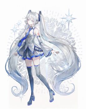 1girl absurdres arm_tattoo bare_shoulders belt black_belt black_boots black_skirt blue_eyes blue_nails blue_necktie blue_trim boots chinese_commentary closed_mouth collarbone collared_shirt colored_eyelashes commentary_request dated detached_sleeves double-parted_bangs eyelashes full_body hatsune_miku high_heel_boots high_heels highres long_hair long_sleeves memory_mie miniskirt necktie pleated_skirt shirt signature skirt sleeveless sleeveless_shirt snowflake_print snowflakes tattoo thigh_boots tie_clip twintails very_long_hair vocaloid white_hair white_shirt white_sleeves wing_collar yuki_miku yuki_miku_(2010)