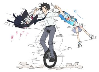 &gt;_&lt; 1boy 2girls @_@ arona_(blue_archive) black_coat black_eyes black_hair black_necktie black_serafuku black_skirt blue_archive blue_hair bow coat colored_inner_hair excited expressionless flexing full_body grey_pants hair_bow hair_over_one_eye halo hanging_on_arm long_hair long_skirt long_sleeves midriff_peek momomatang motion_lines multicolored_hair multiple_girls necktie on_unicycle open_mouth pants pink_hair plana_(blue_archive) playing pleated_skirt school_uniform sensei_(blue_archive) serafuku shirt shirt_tucked_in short_hair simple_background skirt smile spinning translation_request unicycle white_background white_bow white_hair white_shirt white_skirt