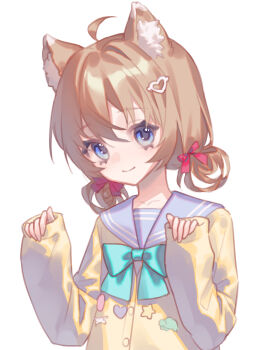 1girl absurdres ahoge animal_ear_fluff animal_ears aqua_bow aqua_bowtie blue_eyes blue_sailor_collar bow bowtie brown_hair cardigan cat_ears cat_girl chi_yei closed_mouth hair_between_eyes hair_ornament hair_ribbon hands_up hashtag-only_commentary heart heart_hair_ornament highres long_sleeves looking_at_viewer neuro-sama red_ribbon ribbon sailor_collar simple_background single_hair_intake sleeves_past_wrists smile solo upper_body vedal_ai virtual_youtuber white_background yellow_cardigan