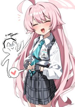 1boy 1girl ^_^ absurdres ahoge aqua_necktie black_gloves black_skirt blue_archive blush chest_harness closed_eyes commentary doodle_sensei_(blue_archive) english_text fang fingerless_gloves gloves hair_flaps halo hands_on_own_stomach harness heart highres hoshino_(blue_archive) id_card implied_after_sex korean_commentary long_hair long_sleeves necktie pink_hair plaid_clothes plaid_skirt pleated_skirt rirua_(kjom802) school_uniform sensei_(blue_archive) shirt skin_fang skirt spoken_heart straight_hair sunken_cheeks very_long_hair white_shirt