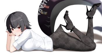 1girl 4kebidayo :/ alternate_costume ass black_hair black_pantyhose black_shoes blurry blurry_background closed_mouth colored_inner_hair ellen_joe feet_up fins fish_tail floral_print_pantyhose from_side head_rest high-waist_pantyhose high_heels highres hooked_on_heel lace_pantyhose lace_pantyhose_hooked_on_heel_(meme) looking_at_viewer lying meme multicolored_hair on_stomach open-toe_shoes pantyhose pantyhose_tug razor_blade_hair_ornament red_eyes red_nails scar scar_on_tail see-through_pantyhose shadow shark_girl shark_tail shirt shoes short_hair sleeves_rolled_up solo strappy_heels tail the_pose white_shirt zenless_zone_zero