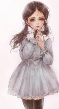 1girl bindi black_hair bow brown_hair dress female_focus hair_bow hair_ribbon kaya_xavier littlewitch long_hair pink_eyes red_eyes ribbon shoujo_mahou_gaku_littlewitch_romanesque solo standing thighhighs twintails yukishiro yukishiro_(hitsuji) zettai_ryouiki