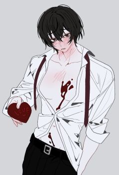 1boy belt black_belt black_pants blush candy chocolate chocolate_heart collared_shirt food grey_background heart heart-shaped_food highres holding holding_chocolate holding_food limbus_company looking_at_viewer necktie open_mouth pants project_moon rodionlotte shirt simple_background solo sweat undone_necktie white_shirt yi_sang_(project_moon)