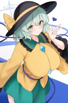 1girl absurdres breasts closed_mouth collared_shirt commentary_request green_eyes green_hair green_skirt hat heart highres komeiji_koishi large_breasts long_sleeves looking_at_viewer medium_hair moriforest1040 puffy_sleeves shirt skirt smile solo touhou v yellow_shirt