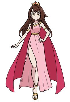 1girl aged_up armlet brown_hair cape closed_mouth collarbone commentary crown dress earrings english_commentary eyelashes full_body gloria_(pokemon) hand_on_own_hip happy highres jewelry knees long_hair muis0802 nintendo pink_cape pink_dress pokemon pokemon_swsh sandals sidelocks simple_background sleeveless sleeveless_dress smile solo standing toes white_background