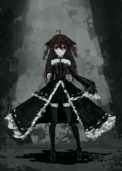 1girl absurdres ahoge bare_shoulders black_dress black_ribbon black_shoes black_thighhighs brown_hair closed_mouth commentary dress english_commentary evil_neuro-sama full_body hair_between_eyes hair_ribbon highres long_hair long_sleeves neuro-sama red_eyes ribbon shoes sleeves_past_fingers sleeves_past_wrists solo standing straight-on thefatum thighhighs vedal_ai virtual_youtuber