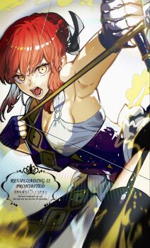 1girl arrow_(projectile) bare_shoulders black_gloves black_thighhighs blue_ribbon bow_(weapon) braid breasts choker commentary_request drawing_bow dress elbow_gloves fate/strange_fake fate_(series) gloves hair_bun hair_ribbon highres hippolyta_(fate) holding holding_bow_(weapon) holding_weapon kabosoi_mangaka looking_at_viewer medium_breasts medium_hair open_mouth red_hair ribbon sash sidelocks solo thighhighs thighs weapon white_dress yellow_eyes