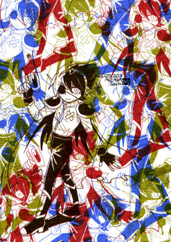 1boy aizawa_sachi artist_name boots captain_spaceboy clenched_teeth closed_mouth commentary_request crossed_bandaids dated double-parted_bangs eyepatch fingerless_gloves gloves hair_between_eyes long_sleeves looking_at_viewer male_focus omori open_mouth pants short_hair solo standing teeth