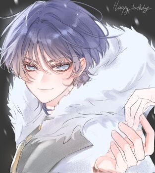 1boy bishounen black_bodysuit blunt_ends bodysuit choppy_bangs closed_mouth coat commentary eyelashes eyeliner eyeshadow fatui_coat female_pov fingernails fur_hood genshin_impact grey_background grey_eyes hacwss hand_blush hand_up happy_birthday highres hood hood_up lapels makeup offering_hand open_hand outdoors portrait pov purple_hair red_eyeliner red_eyeshadow scaramouche_(genshin_impact) smile snowing sweatdrop symbol-only_commentary tsurime turtleneck turtleneck_bodysuit white_coat white_hood