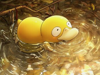 Rule 34 | afloat, black eyes, commentary request, gen 1 pokemon, highres, korean commentary, looking up, nintendo, no humans, outdoors, pokemon, pokemon (creature), pokemon focus, psyduck, rain, ripples, solo, twilight, water, wldud9 9