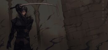 1boy absurdres arch black_gloves black_hair copyright_name cowboy_shot fur_collar gloves hand_up highres holding holding_sword holding_weapon logicsterrr male_focus shadow_slave short_hair shoulder_pads solo standing sunny_(shadow_slave) sword tunic weapon