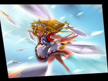 Rule 34 | 1girl, alberto moldes, apron, black border, blonde hair, blue ribbon, border, dress, dynamic pose, frills, hair ornament, highres, long hair, maid, maid headdress, motion blur, open mouth, puffy short sleeves, puffy sleeves, red dress, ribbon, short sleeves, solo, sword, too many weapons, touhou, touhou (pc-98), weapon, yellow eyes, yumeko (touhou)