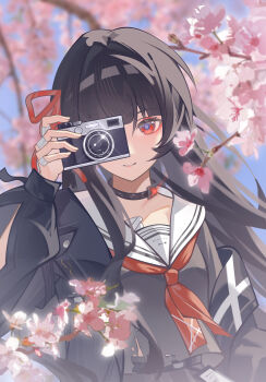 Rule 34 | 1girl, absurdres, black choker, black hair, black jacket, black shirt, blurry, blurry background, breasts, camera, cherry blossoms, chisa (wuthering waves), choker, closed mouth, collarbone, commentary request, hair ribbon, highres, holding, holding camera, jacket, long hair, looking at viewer, medium breasts, neckerchief, red eyes, red neckerchief, red ribbon, ribbon, sailor collar, shirt, single off shoulder, smile, solo, upper body, white sailor collar, wuthering waves, xie xi (mihuashi 1563356)