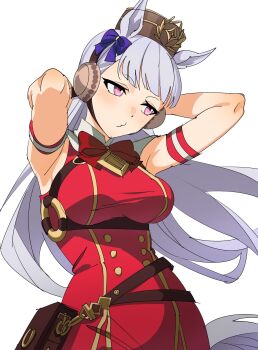 1girl animal_ears armband armpits blunt_bangs bow bowtie breasts brown_hat dress gold_ship_(red_strife)_(umamusume) gold_ship_(umamusume) grey_hair guinea499 hat highres horse_ears horse_girl horse_tail large_breasts long_hair pillbox_hat purple_eyes red_bow red_bowtie red_dress simple_background sleeveless sleeveless_dress solo striped_armband striped_clothes tail umamusume white_background