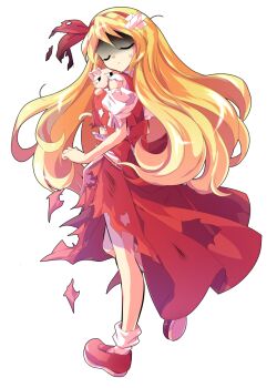 Rule 34 | 1girl, alphes (style), back bow, blonde hair, bow, cat, closed eyes, closed mouth, commentary request, dairi, ellen (touhou), from side, full body, gloom (expression), hair ribbon, hairband, large variant set, long hair, parody, pet, puffy short sleeves, puffy sleeves, red bow, red hairband, red ribbon, red shoes, red skirt, red vest, ribbon, shirt, shoes, short sleeves, simple background, skirt, socks, sokrates (touhou), solo, style parody, sweatdrop, tachi-e, torn clothes, torn skirt, torn sleeves, torn vest, touhou, touhou (pc-98), transparent background, variant set, vest, white cat, white shirt, white socks