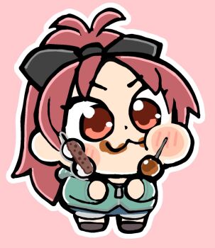 1girl :3 bkub black_bow black_shoes blue_shorts blush_stickers bow cheek_bulge chibi chibi_only closed_mouth dango eating food full_body green_jacket hair_bow holding holding_food jacket long_hair long_sleeves mahou_shoujo_madoka_magica mahou_shoujo_madoka_magica_(anime) outline pink_background red_eyes red_hair sakura_kyoko shoes shorts simple_background solo standing v-shaped_eyebrows wagashi white_outline