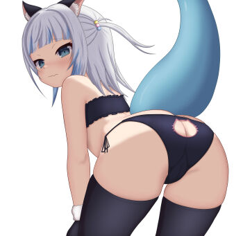 1girl absurdres animal_ears ass ass_cutout azunyart black_thighhighs blue_eyes blue_hair cat_cutout_panties cat_ears cat_girl closed_mouth clothing_cutout fins fish_tail gawr_gura hair_ornament highres hololive hololive_english loli looking_back multicolored_hair presenting presenting_ass shark_girl shark_hair_ornament shark_tail simple_background streaked_hair tail thick_thighs thighhighs thighs virtual_youtuber white_hair