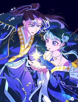 1boy 1girl bare_shoulders brown_hair chinese_clothes commentary double_bun earrings hair_bun highres jewelry jinshi_(kusuriya_no_hitorigoto) kusuriya_no_hitorigoto long_hair makeup maomao_(kusuriya_no_hitorigoto) off_shoulder ryeongrry11 solo star_(symbol) star_earrings symbol-only_commentary