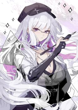 1girl beret blunt_bangs breasts cleavage colored_inner_hair earrings elbow_gloves glasses gloves hat highres holding holding_pen honkai:_star_rail honkai_(series) jacket jewelry long_hair multicolored_hair neckerchief necklace nib_pen_(object) nihilux_(honkai:_star_rail) partially_colored pen purple_eyes shirt single_elbow_glove suwa_(swk_kkk) symbol-shaped_pupils very_long_hair white_hair