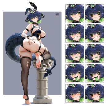 1girl absurdres animal_ears artist_name ass asymmetrical_legwear bandaged_arm bandages barefoot black_eyes black_leotard black_thighhighs blue_hair blush bracelet breasts chain closed_mouth collar colored_inner_hair colored_tongue commentary crossed_bangs dragon_girl dragon_horns dragon_tail fake_animal_ears fang feet gem green_eyes green_gemstone green_hair green_nails green_tongue grin hair_between_eyes hand_on_own_ass highres horns indie_virtual_youtuber jewelry large_breasts legwear_garter leotard long_tongue looking_at_viewer looking_to_the_side makeup mismatched_legwear multicolored_hair multiple_expressions nail_polish no_shoes open_mouth pointy_ears queens_mari_(vtuber) rabbit_ears regiana_(jubi) runny_makeup sharp_teeth short_hair skindentation skull smile soles spiked_anklet spiked_bracelet spiked_collar spikes standing standing_on_one_leg stirrup_legwear symbol-only_commentary tail teeth thighhighs tiara tiptoes toeless_legwear toenail_polish toenails toes tongue tongue_out torn_clothes torn_thighhighs two-tone_hair very_long_fingernails virtual_youtuber