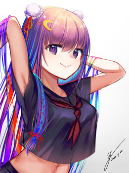 1girl absurdres alternate_costume arms_up black_sailor_collar black_shirt black_skirt bun_cover closed_mouth commentary_request crescent crescent_hair_ornament dated double_bun hair_bun hair_ornament highres long_hair looking_at_viewer midriff navel neckerchief patchouli_knowledge purple_eyes purple_hair red_neckerchief sailor_collar school_uniform shirt short_sleeves signature skirt smile solo touhou yolandabaka