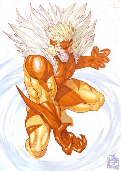 1boy acecore2k blonde_hair bodysuit commentary commission covered_pectorals english_commentary facial_hair fangs fur-trimmed_bodysuit highres looking_at_viewer male_focus marker_(medium) marvel marvel_vs._capcom multicolored_bodysuit muscular muscular_male open_mouth orange_bodysuit pectorals pen_(medium) sabertooth_(x-men) short_hair skin_tight solo stubble thick_eyebrows traditional_media two-tone_bodysuit veins veiny_arms wide-eyed x-men yellow_bodysuit