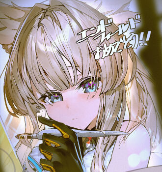 1girl arknights arknights:_endfield bare_shoulders black_gloves blue_eyes commentary_request enj! gloves grey_hair hair_intakes head_tilt head_wings highres holding holding_pen long_hair long_sidelocks looking_at_viewer pen perlica_(arknights) portrait sidelocks solo translation_request wings