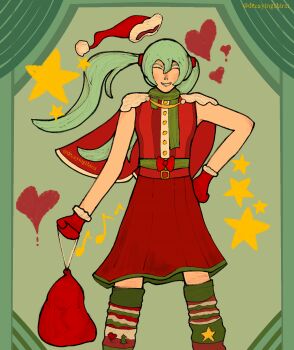 absurdres cape christmas christmas_ornaments christmas_star christmas_stocking commentary english_commentary hat hatsune_miku hatsune_miku_(vocaloid4) highres merry_christmas non-web_source santa_costume santa_hat smile vocaloid