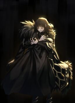 1girl black_boots black_coat black_hair boots closed_eyes closed_mouth coat full_body fur-trimmed_coat fur_trim gold_trim hexagon_print highres jewelry library_of_ruina long_sleeves m_ttl medium_hair multiple_rings project_moon ring smile solo zena_(project_moon)