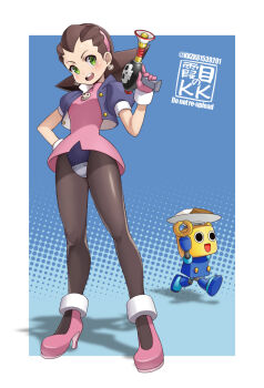 1girl black_pantyhose blue_background blue_jacket border brown_hair cropped_jacket crotch_plate curry curry_rice dress food full_body green_eyes gun highres holding holding_gun holding_weapon jacket kkzk61539201 marvel_vs._capcom marvel_vs._capcom_2 medium_hair mega_man_(series) mega_man_legends_(series) open_clothes open_jacket pantyhose pink_dress rice servbot_(mega_man) simple_background solo_focus tron_bonne_(mega_man) weapon white_border