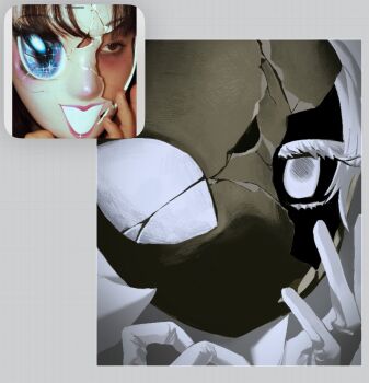 2girls :d black_skin colored_skin cracked_kawaii_mask geuleusgwamol-ib gloves green_eyes hands_up highres hollow_knight hollow_knight:_silksong lace_(hollow_knight) mask multiple_girls open_mouth photo-referenced smile teeth white_eyes white_gloves white_hair