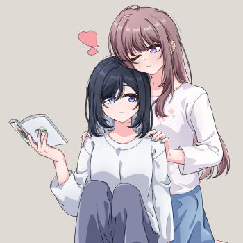 Rule 34 | 2girls, adachi sakura, adachi to shimamura, black hair, black pants, blue eyes, blue skirt, book, brown hair, chinese commentary, closed mouth, commentary request, earrings, grey background, hands on another's shoulders, heart, highres, holding, holding book, jewelry, long hair, medium hair, miyagi shiori, multiple girls, one eye closed, pants, purple eyes, sendai hazuki, shimamura hougetsu, shirt, shuuniichido classmate wo kau hanashi, simple background, skirt, smile, stud earrings, teng xia53256, white shirt, yuri, yuri (object)