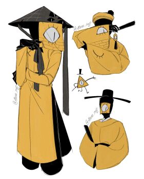 Rule 34 | 1boy, ao dai, bill cipher, black gloves, black hat, black skin, brown hat, coat, colored skin, dress, eye print, folded fan, folding fan, gloves, gravity falls, hand fan, hat, highres, holding, holding fan, jingasa, long sleeves, mona myp, multiple views, personification, triangle, veil, wide sleeves, yellow coat, yellow dress, yellow veil