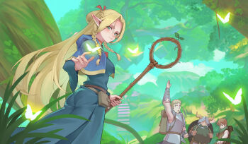 1girl 3boys absurdres aluo_7762 ambrosia_(dungeon_meshi) armor backpack bag beard belt_pouch blonde_hair blue_capelet blue_robe blurry braid bug butterfly capelet chilchuck_tims choker depth_of_field detached_hood dungeon_meshi dwarf elf facial_hair fake_horns forest grass green_eyes hair_around_ear halfling helmet highres holding holding_staff hood hooded_capelet horned_helmet horns insect laios_touden long_beard long_hair looking_at_viewer marcille_donato multiple_boys multiple_braids nature outdoors plate_armor pointy_ears pouch red_choker red_ribbon ribbon robe senshi_(dungeon_meshi) sprout staff tree