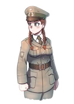 1girl absurdres belt_around_waist black_necktie braid breasts brown_eyes bundeswehr cowboy_shot dress_shirt fluffkaiser freckles grey_jacket hat highres jacket leather_belt long_hair long_sleeves military military_hat military_uniform necktie original peaked_cap shirt simple_background soldier solo standing twin_braids white_background