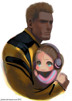 1boy 1girl 2012 :3 blonde_hair blue_eyes carrying carrying_person chuck_greene cleft_chin closed_mouth commentary dated dead_rising dead_rising_2 english_commentary father_and_daughter frown headphones jaimito katey_greene long_sleeves looking_at_viewer ponytail racing_suit short_hair simple_background smile white_background