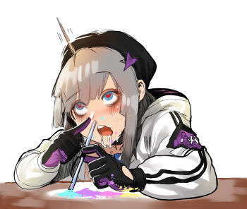 1girl aa-12_(girls&#039;_frontline) ahegao ahoge arm_support bad_id bad_pixiv_id bags_under_eyes black_gloves black_hat blue_eyes buckle cocaine commentary_request drinking_straw drooling drugs expressive_hair female_focus girls&#039;_frontline gloves hat heart heart-shaped_pupils highres holding ihobus jacket korean_commentary long_hair long_sleeves open_mouth silver_hair simple_background sketch snap-fit_buckle snorting solo symbol-shaped_pupils table upper_body upright_ahoge wavy_mouth white_background white_jacket