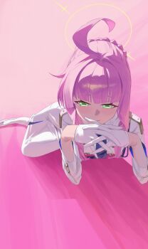 1girl absurdres ahoge blue_archive blue_necktie gloves green_eyes halo highres jacket kaya_(blue_archive) li-mi long_hair long_skirt long_sleeves lying necktie pantyhose pink_background pink_hair pink_theme shirt shoes simple_background skirt smile solo white_gloves white_pantyhose white_shoes